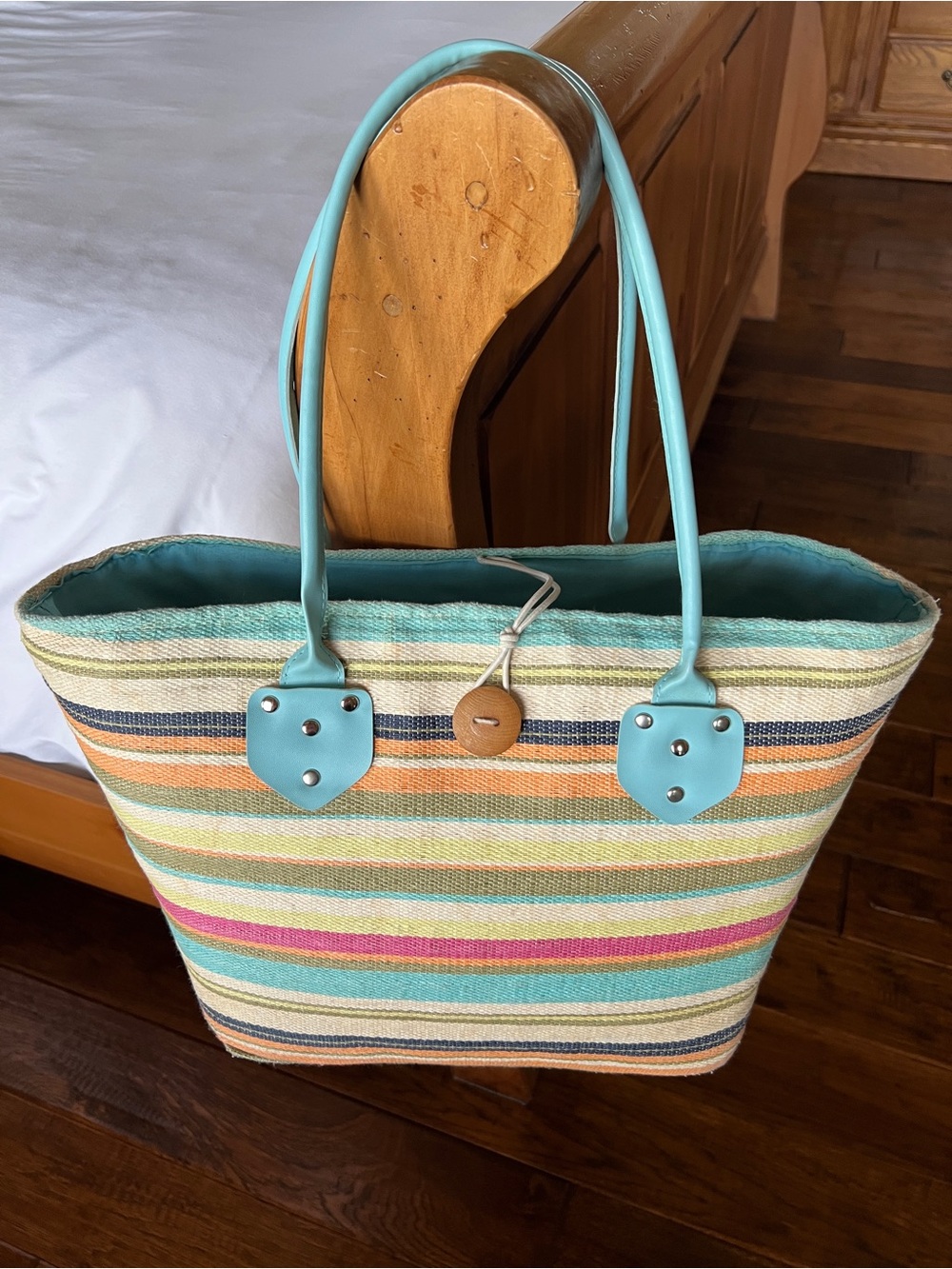 Striped Multicolor Tote Bag with Teal Handles